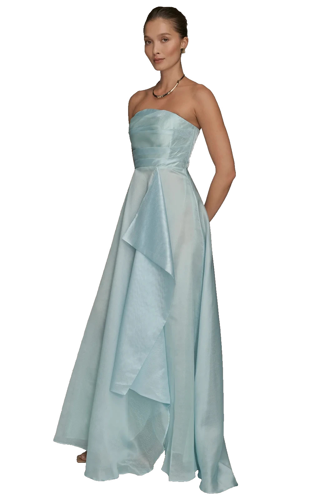 Donna Karan Sea Mist Blue Organza Strapless A-Line Gown Size 10 $399