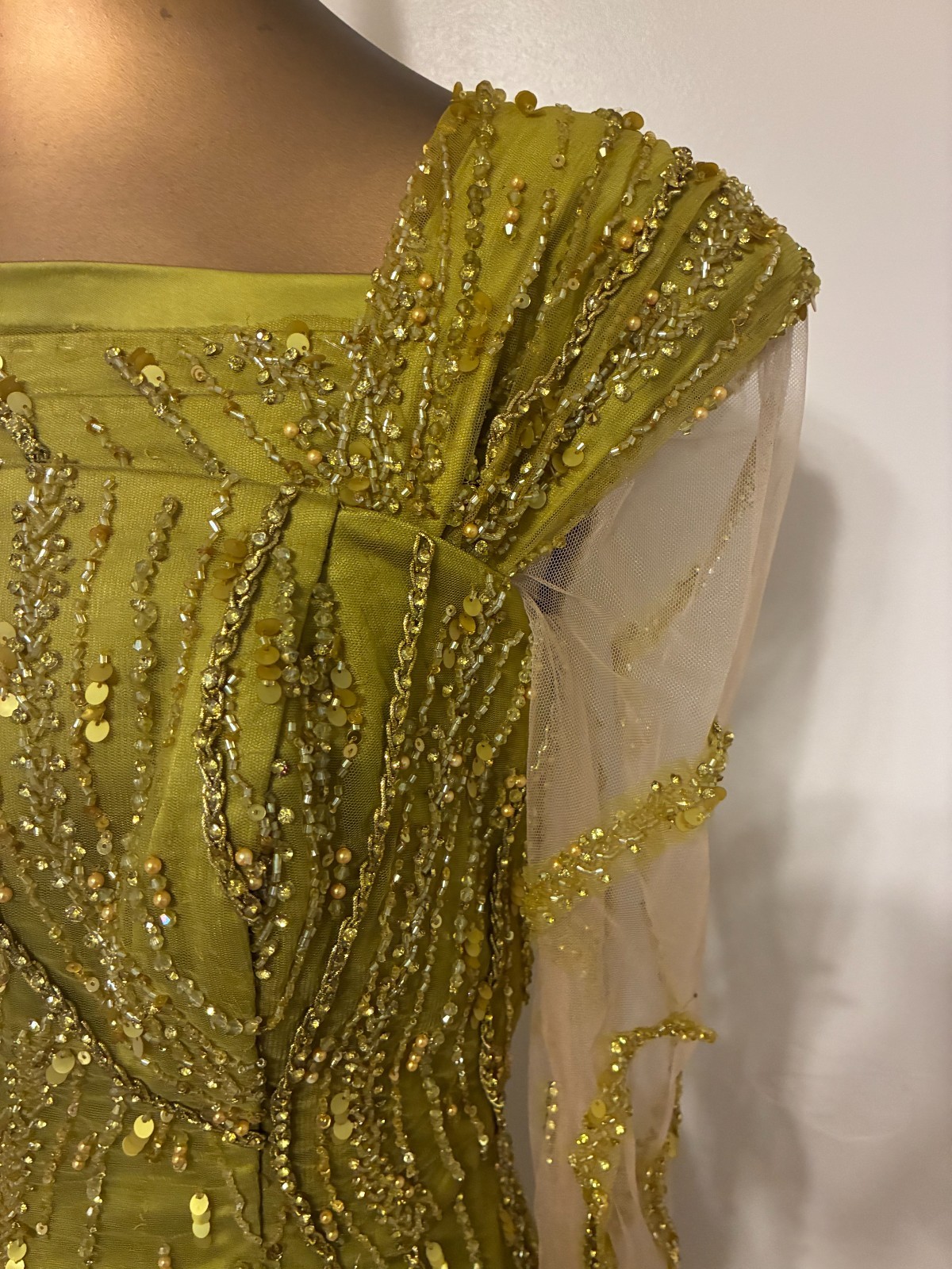 Olive Green Gold Beaded Sequin Evening Gown Sz M 6 Formal Maxi Dress Custom Made