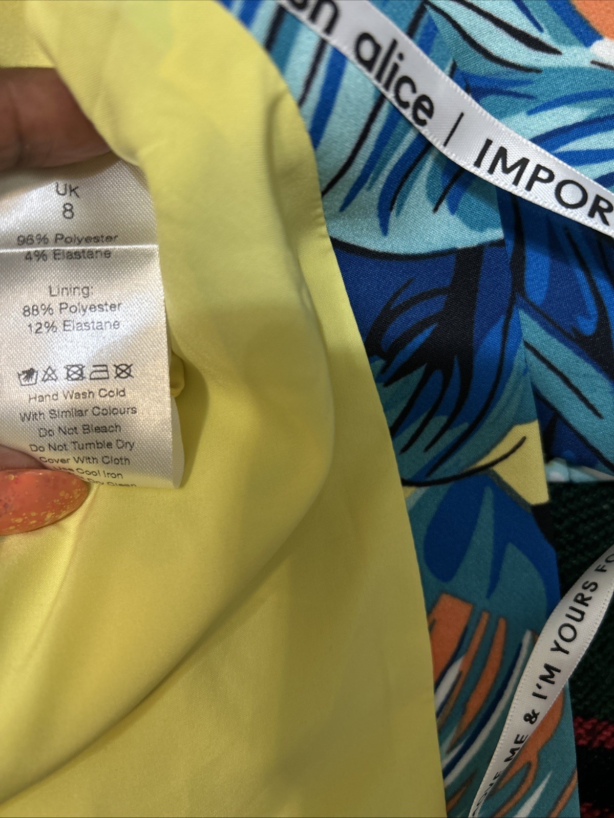 NWT *FLAW* Lavish Alice One Shoulder Cape Midi Dress Yellow Blue Palm Print Sz 4