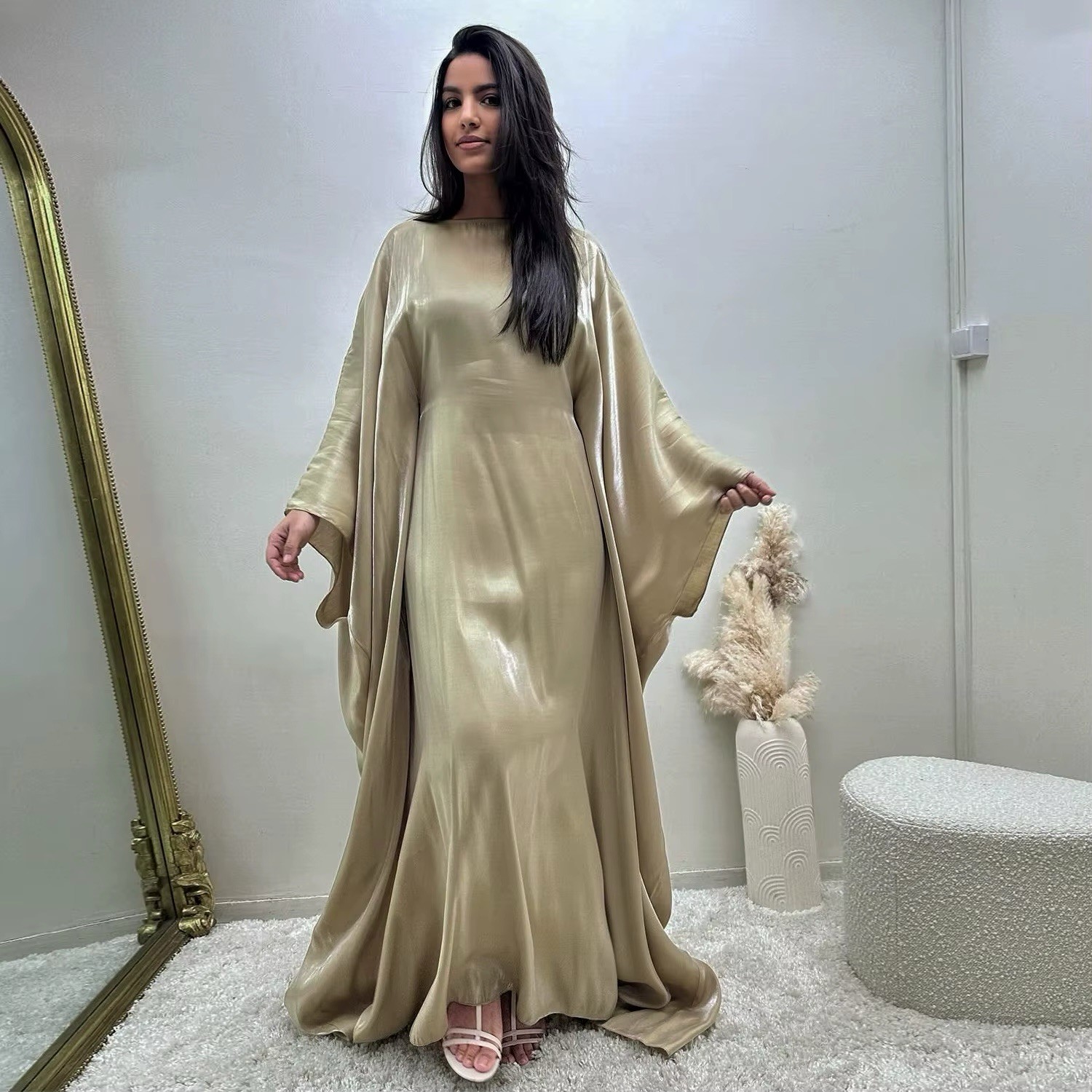 Women’s Gold Satin Kaftan Long Dress Batwing Sleeve Butterfly Abaya Size Large