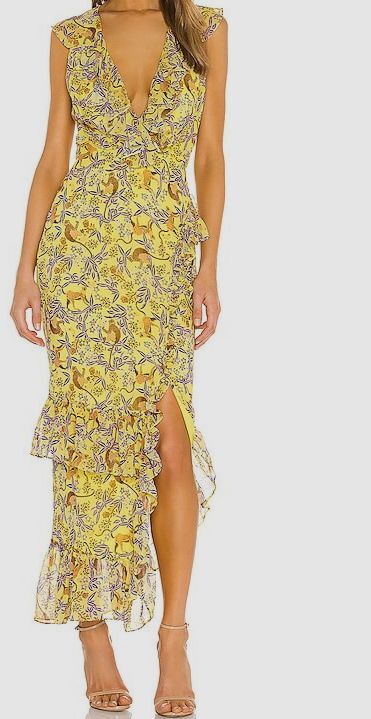 $695 Saloni Women’s Yellow Anita Citrus Jungle Monkey Dress Size UK 6 US 2