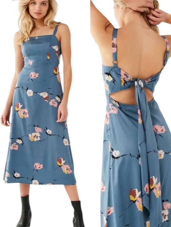 Urban Outfitters Layla Straight Neck Tie Back Midi Dress Dusty Blue Size S