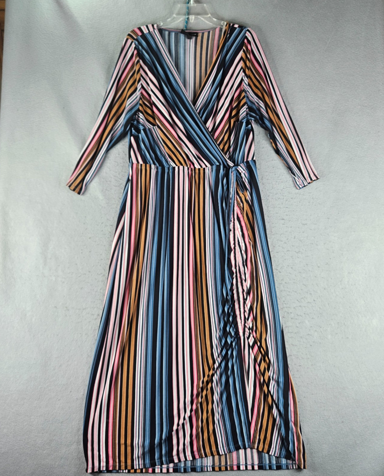 Lane Bryant Dress Womens 18 to 20 Blue Pink Striped Faux Wrap Maxi 3/4 Sleeve