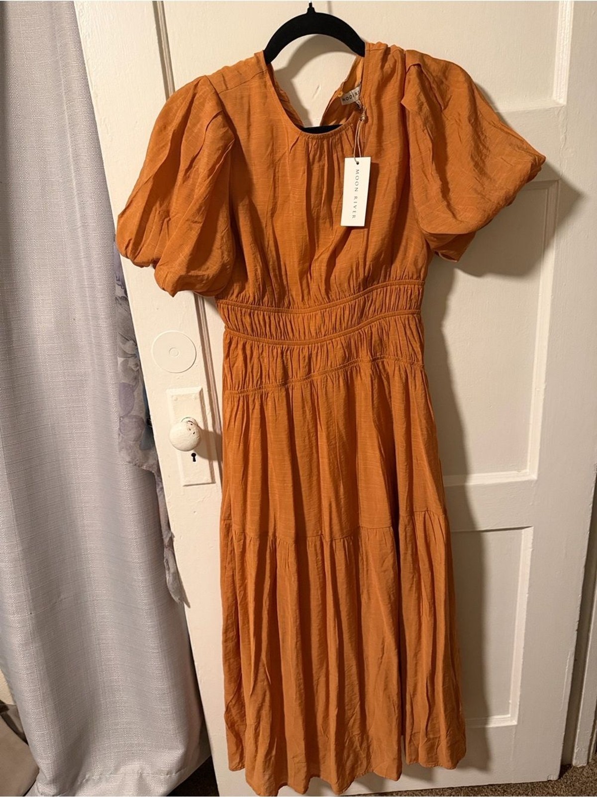 Moon River Burnt Orange Smocked Waist Puff-Sleeve Modest Lined Maxi Dress XS