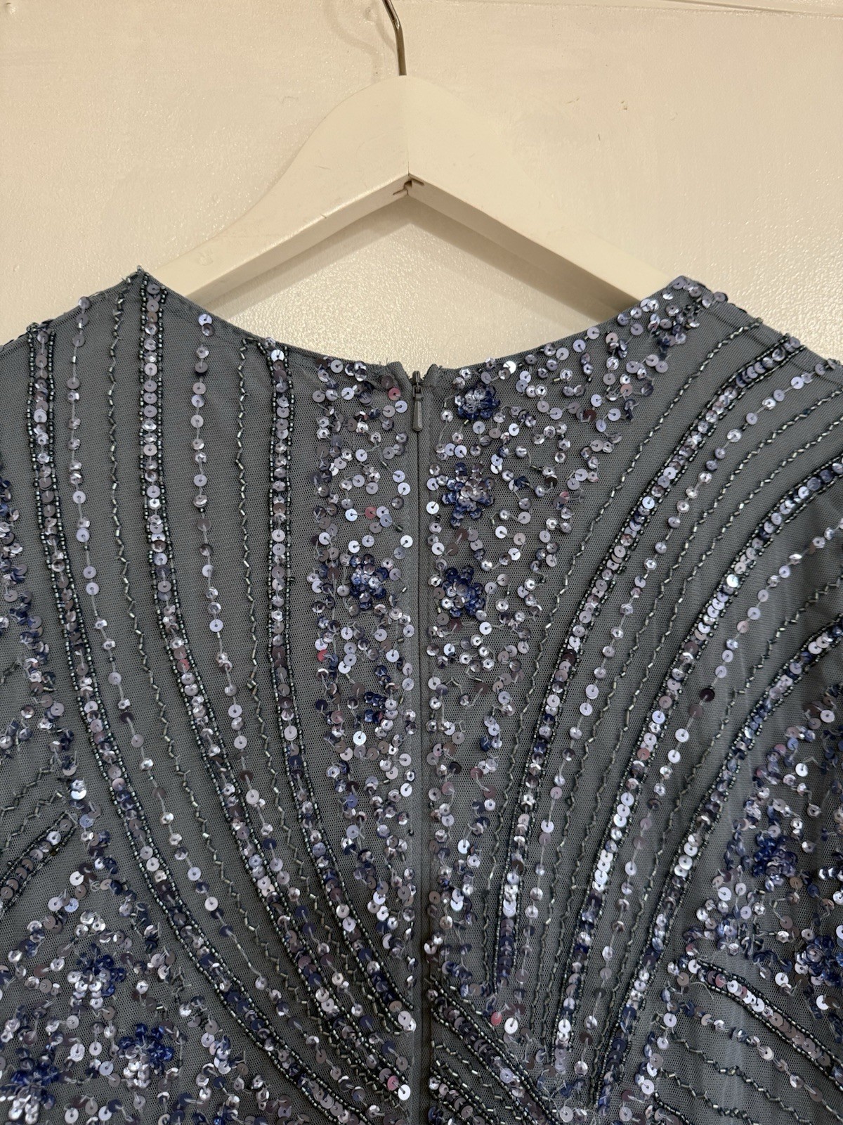 Maryisa Blue Sequin Beaded Mesh Crew Neck Long Sleeve Maxi Formal Dress 12