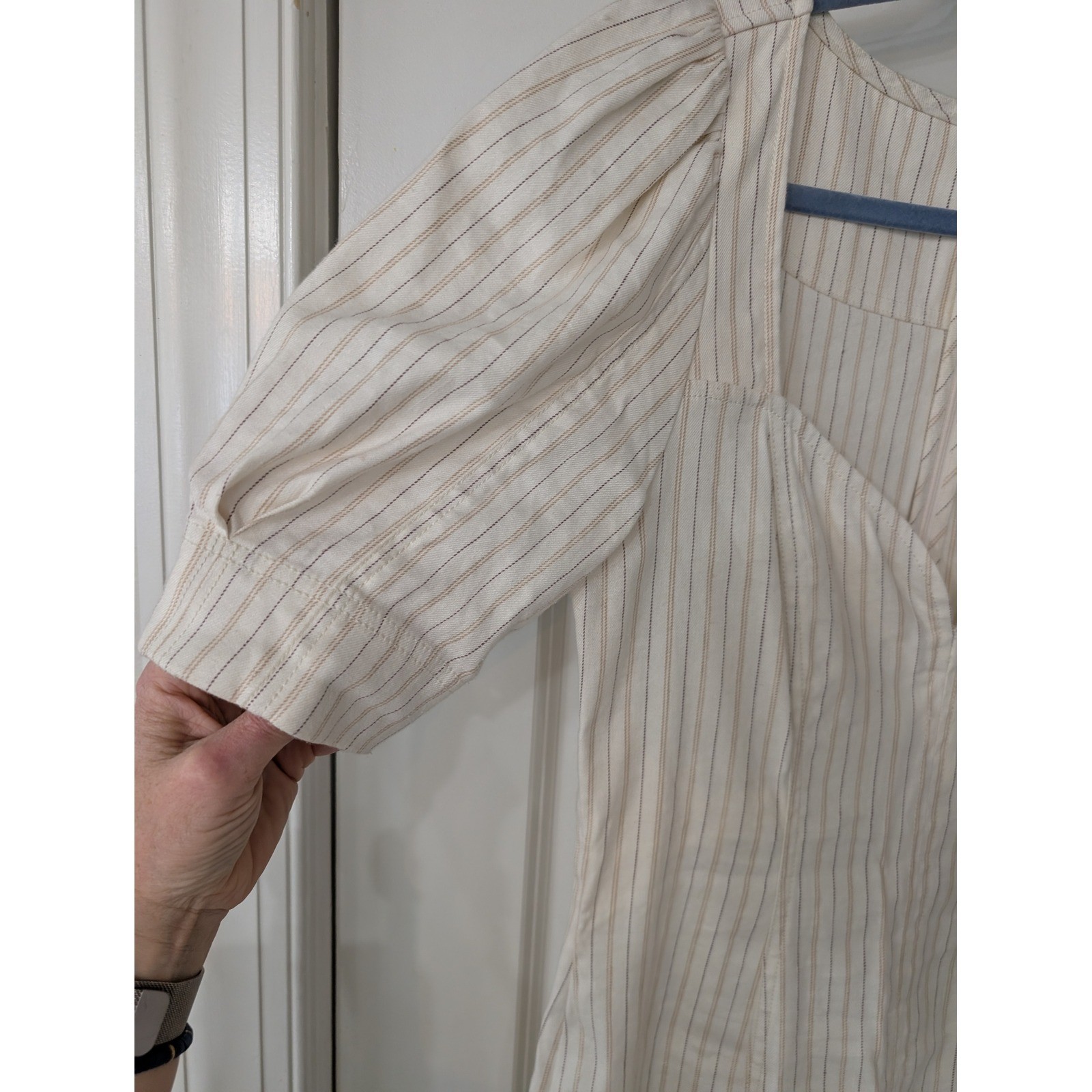 Pilcro Sweetheart Zip-Front Column Midi Dress Striped Puff Sleeve Cream medium