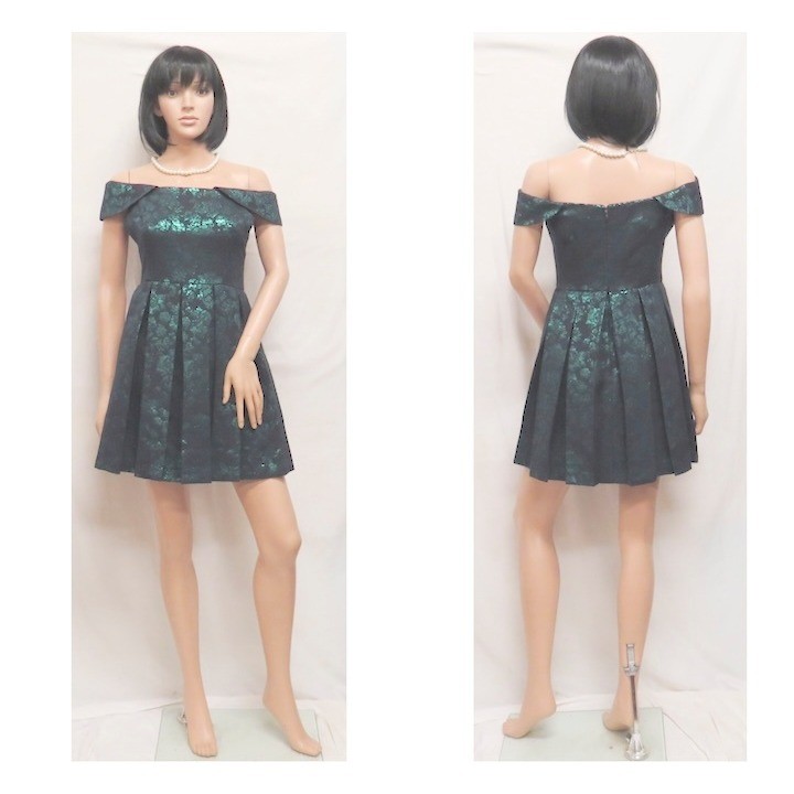 Off Shoulder Metallic Jacquard Fit Flare Dress Shimmer Green Gianni Bini Medium