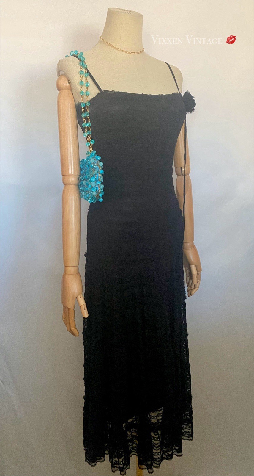 VINTAGE 1990’S MAX STUDIO TIERED MESH LACE WHIMSIGOTH PARTY DRESS IN BLACK