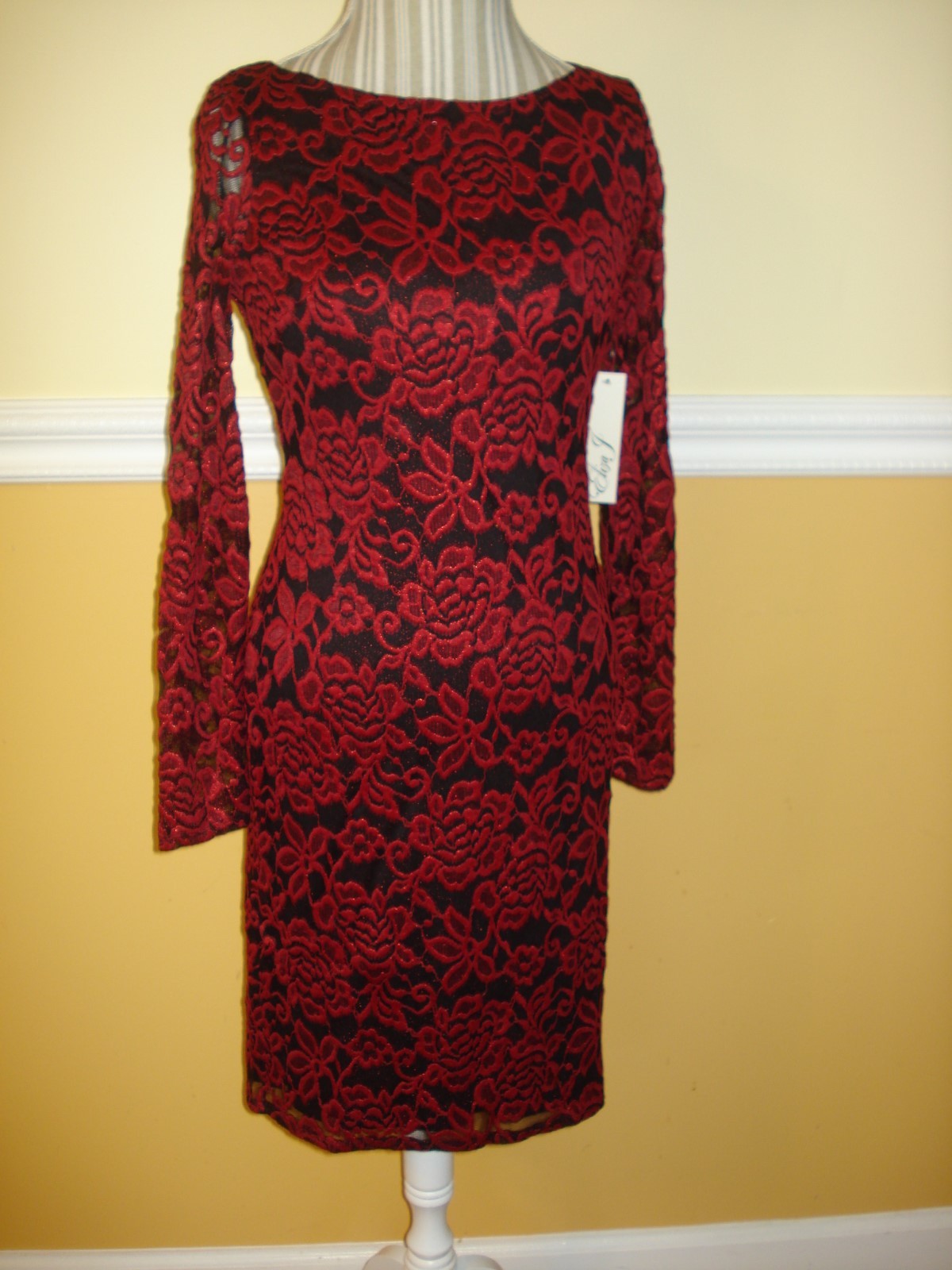 Eliza J Lace Long Sleeves Red/Black Cocktail Sheath Dress Sz 4,6,8,10,12,14,16