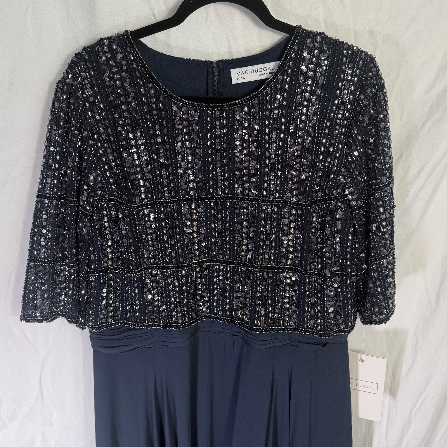 Mac Duggal 9180 Midnight Blue Beaded Sequin Chiffon Gown Dress Womens 12 NWT