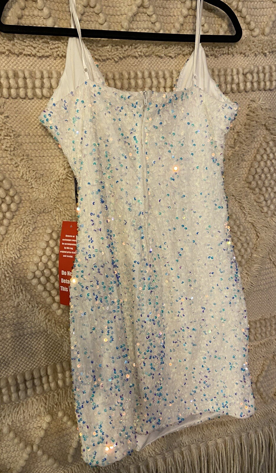 Crystal Doll White Sequence Crystal Party Mini Dress Short Size: Large Leg Slit