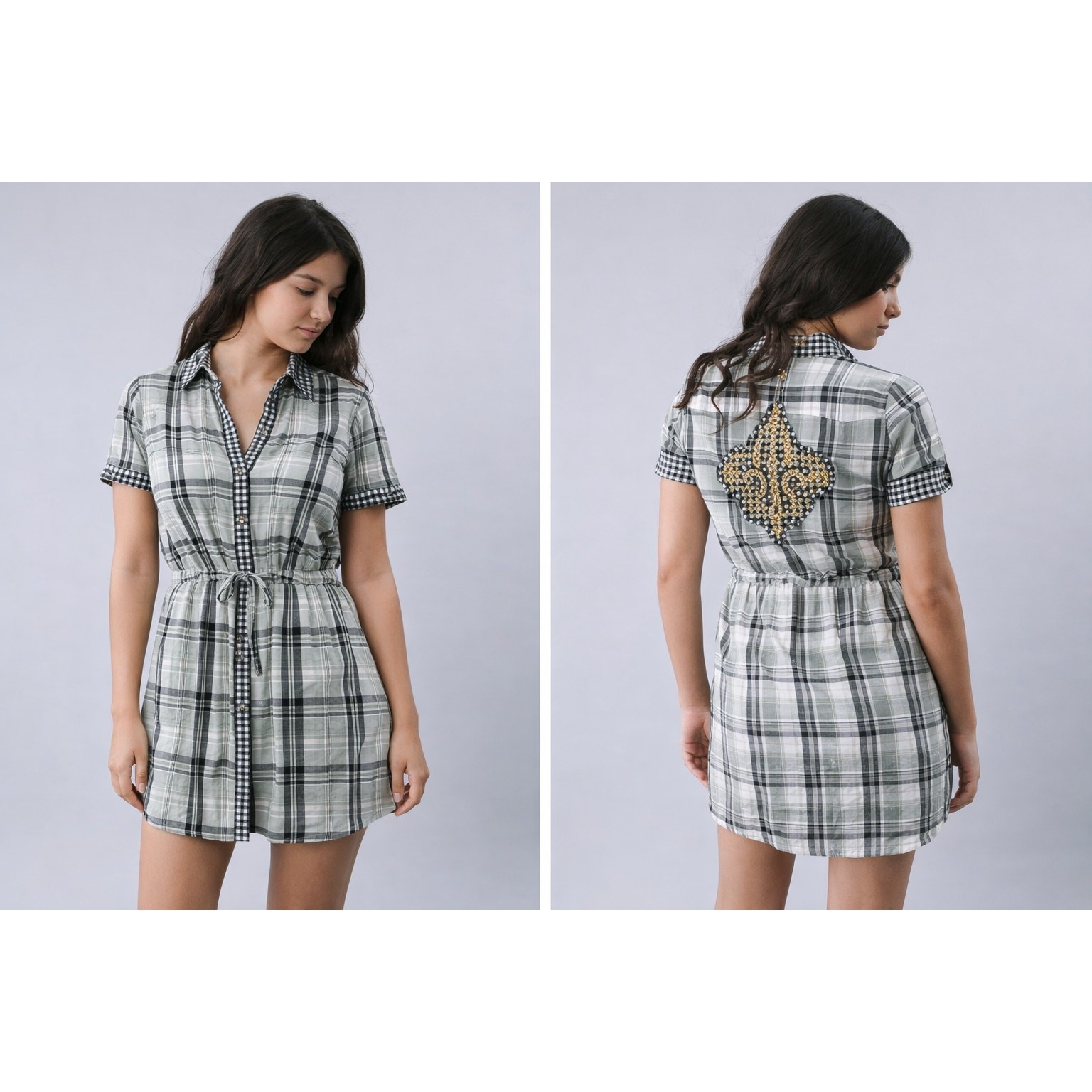 House of Deréon Plaid Shirt Dress Embellished Fleur de Lis Back Y2K Size XL