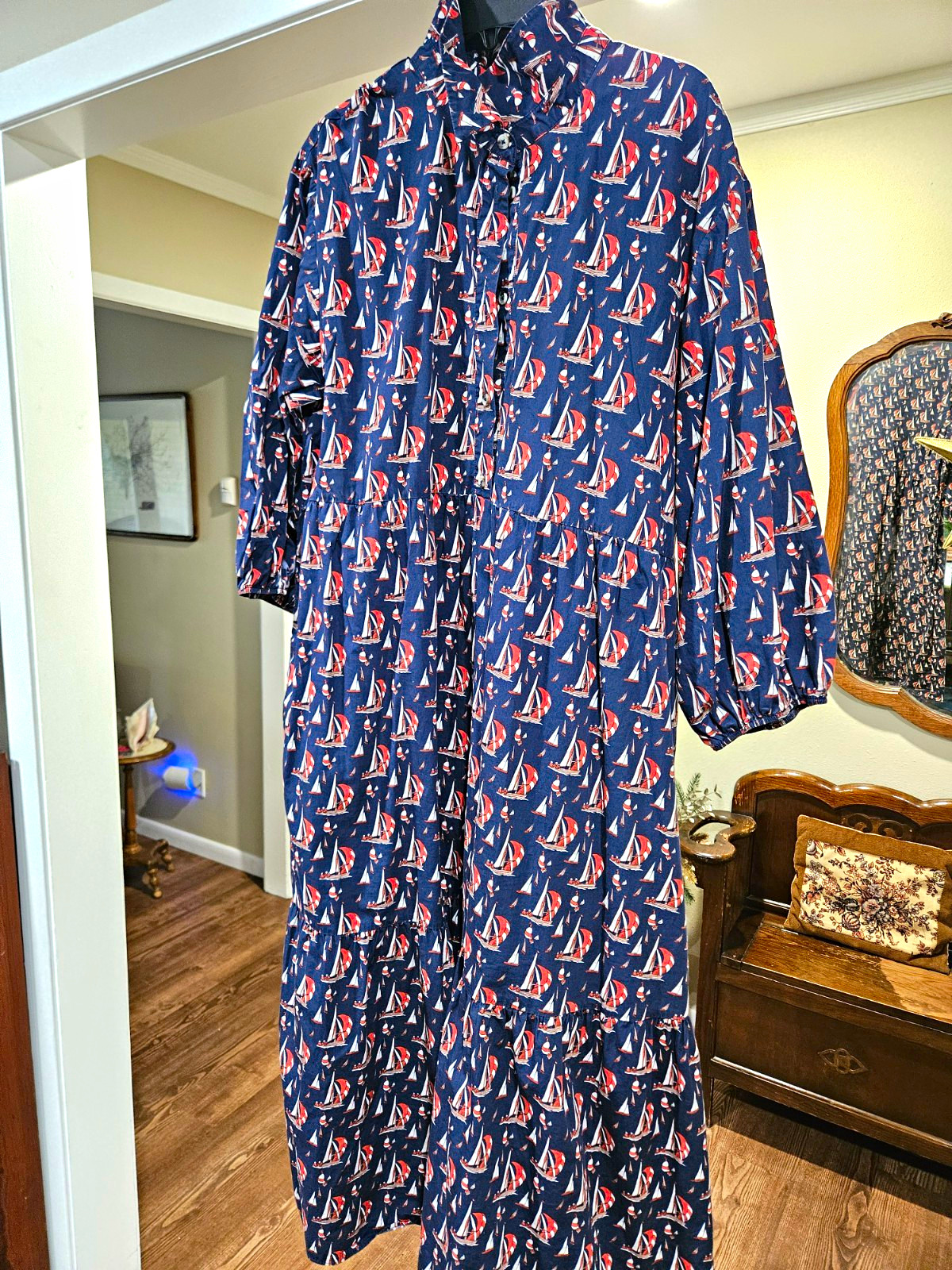 Maeve XL Navy Nautical Sailboat Rayon Collared Button Long Sleeve Maxi Dress