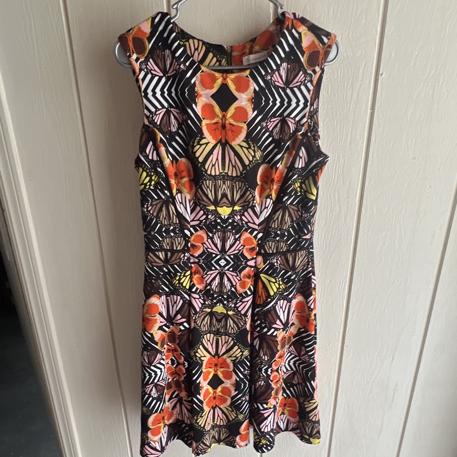 CJ Women’s A-Line Knee Length Butterfly Print Dress, Sleeveless Round Neck, 12
