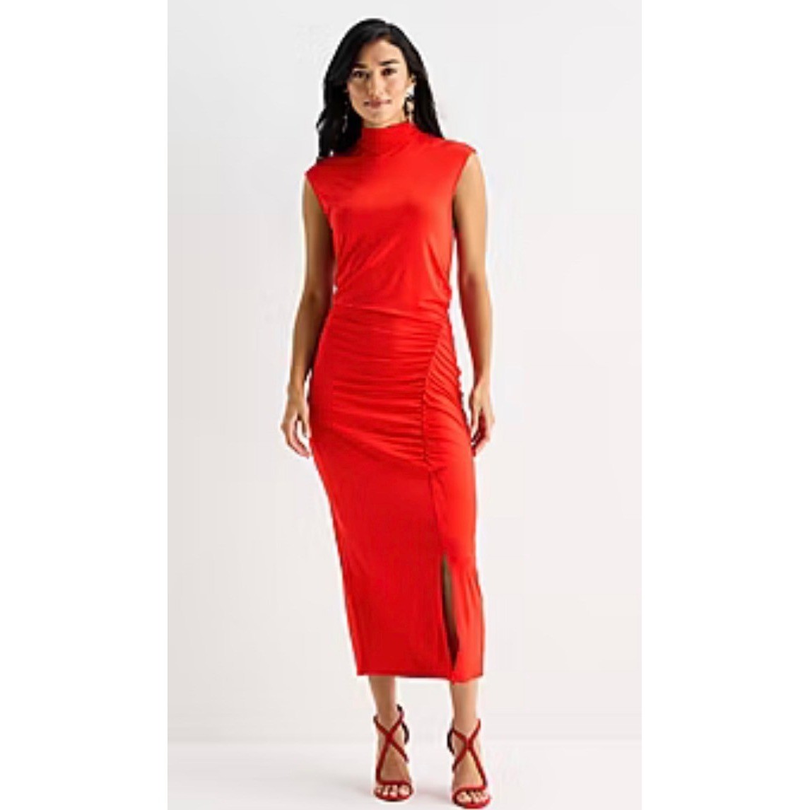 Bodycon Red Mock Neck Ruched Side Chic Sleeveless Midi Dress XS NEW Date Night