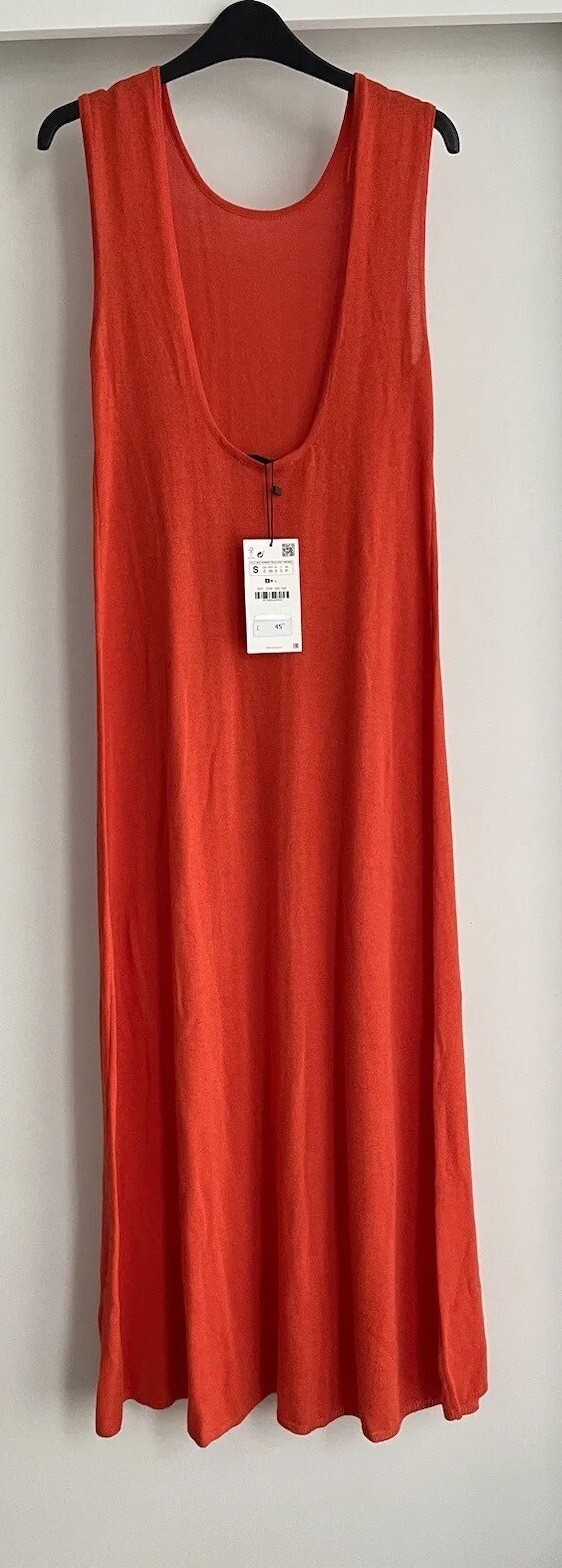 ZARA RED CAROL COTTON BLEND MIDI KNIT DRESS WITH PLUNGING NECKLINE SIZE S BNWT