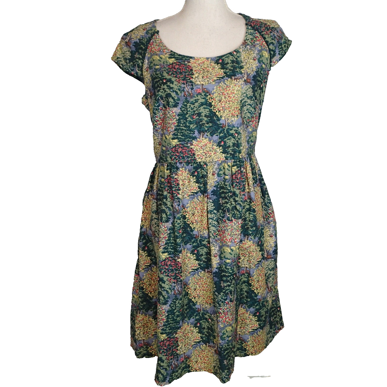 Cath Kidston Womens Sz 12 Green Woodland trees forest Dress deer animals