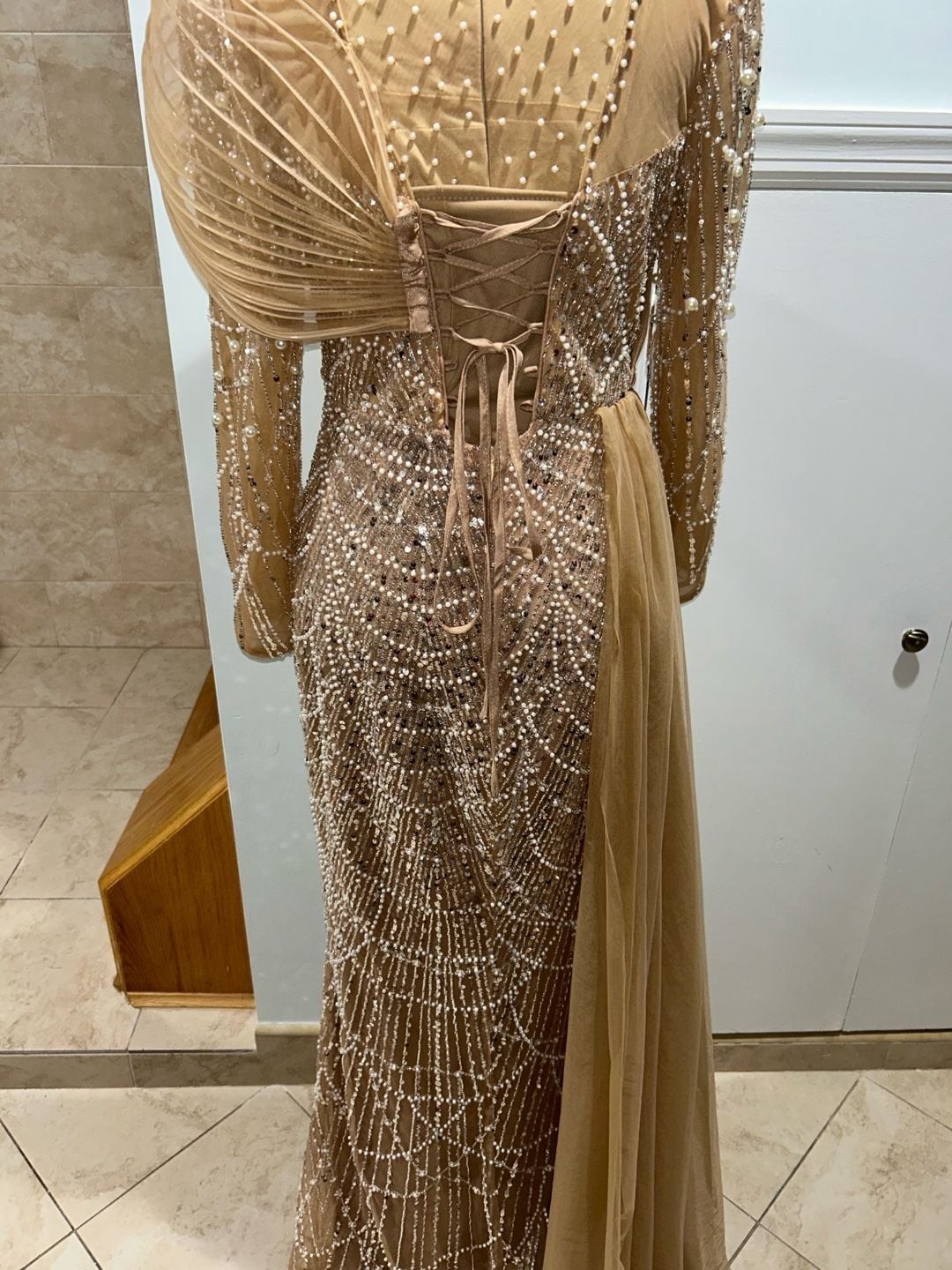 Champagne Long Sleeve Evening Gown with Pearl and Sequin Beading