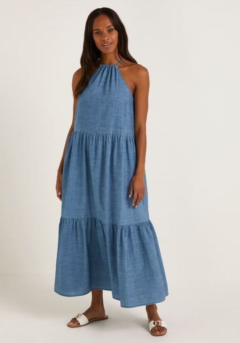 Blue lightweight denim maxi Dress Size 8 10 12 14 summer holiday (15)