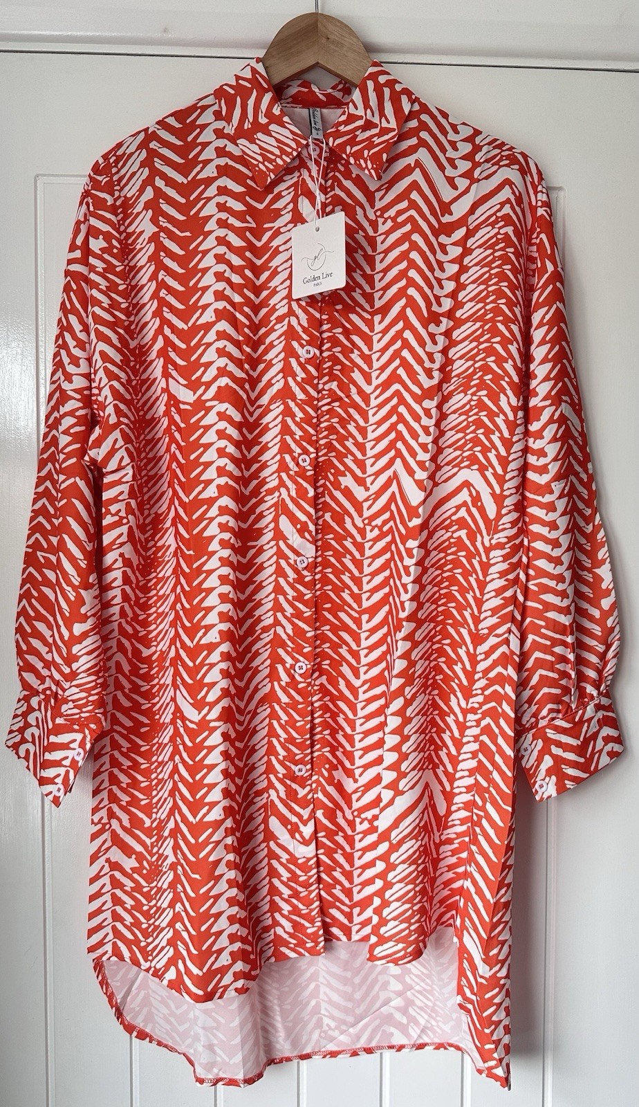 Golden Live Paris S Shirt Dress Orange Abstract Longline Button Up Indie Mod
