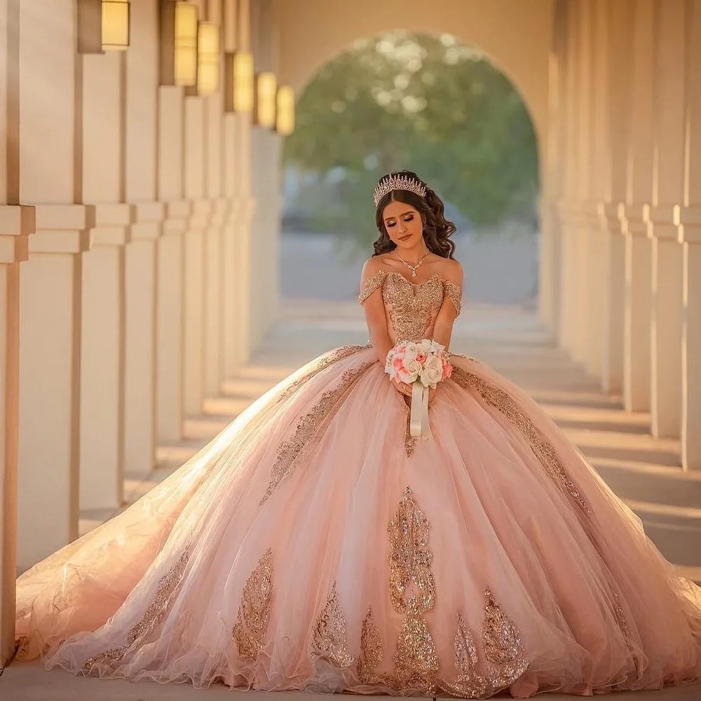 Pink Quinceanera Dress 2026 Rose Gold Lace Applique Princess Sweet 16 Ball Gown