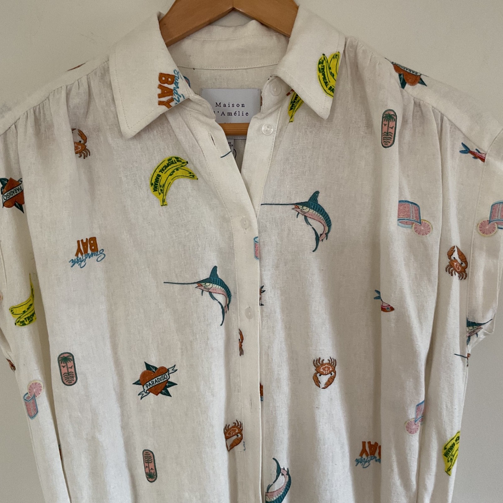 Maison D’Amelie Tropical Bay Linen Blend Shirt Dress XS blue marlins Rope Belt