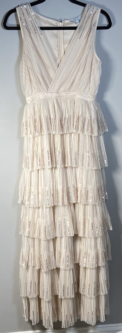 Geode Womens Small Champagne Sequin Tiered Ruffle Maxi Dress Formal Party