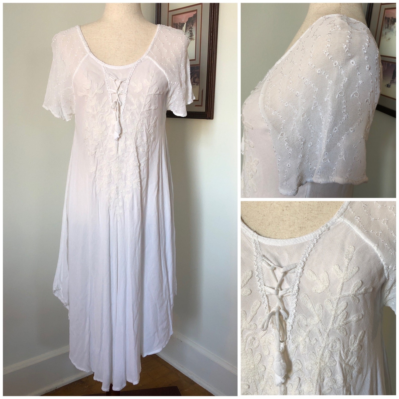 VTG Sheer Embroidered Midi Dress OS White Asymmetrical Boho Festival Fairycore