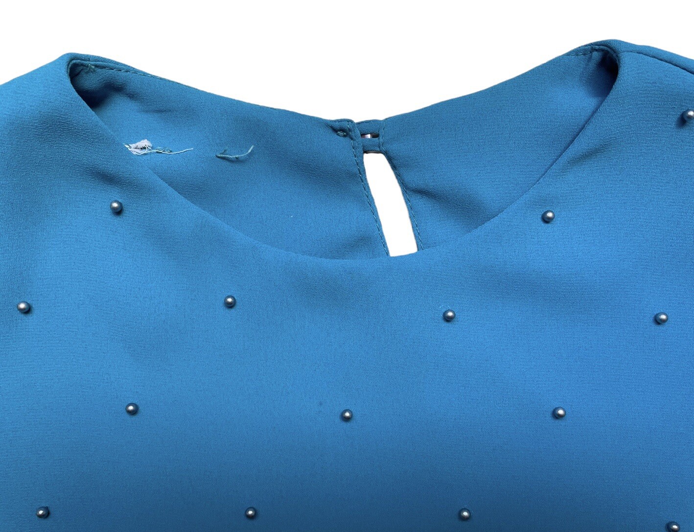 VTG 80s Ruffle Balloon Long Sleeve Midi Dress Blue Pearl Front Accent Women’s 10