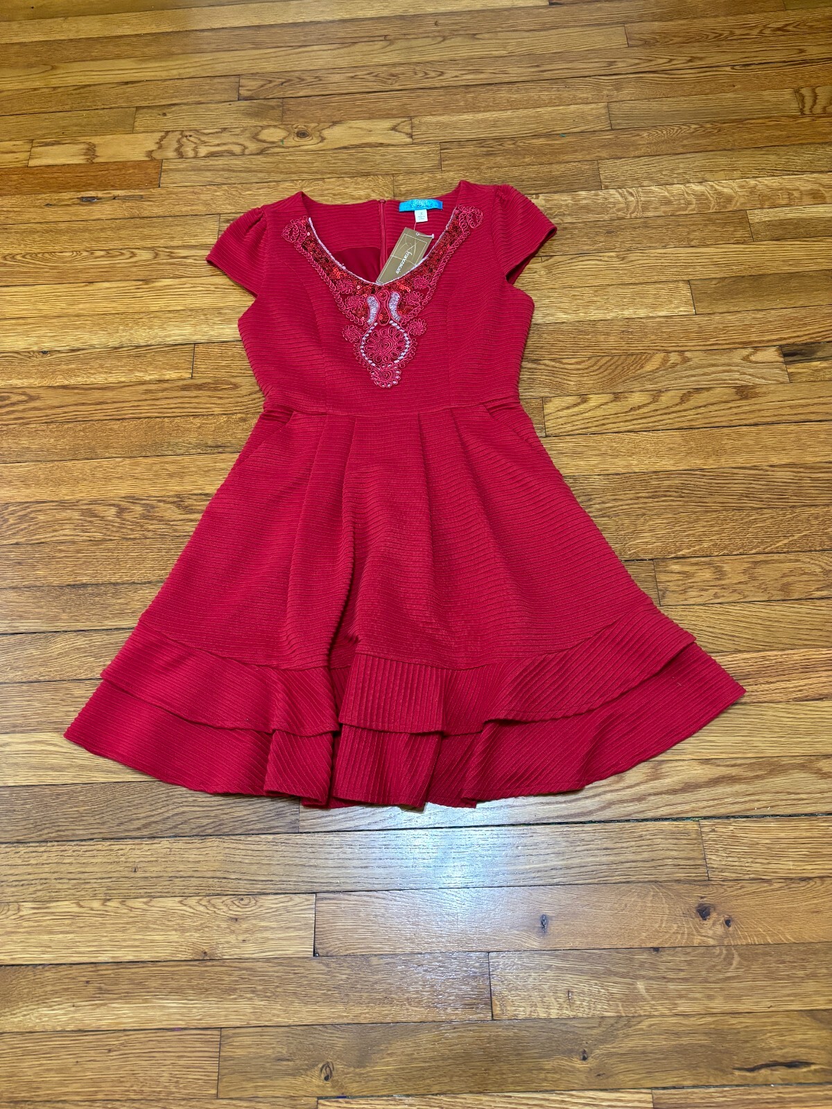 Francesca’s Buttons Womens Dress Size Small Red Fit Flare Stretch Sequined NWT