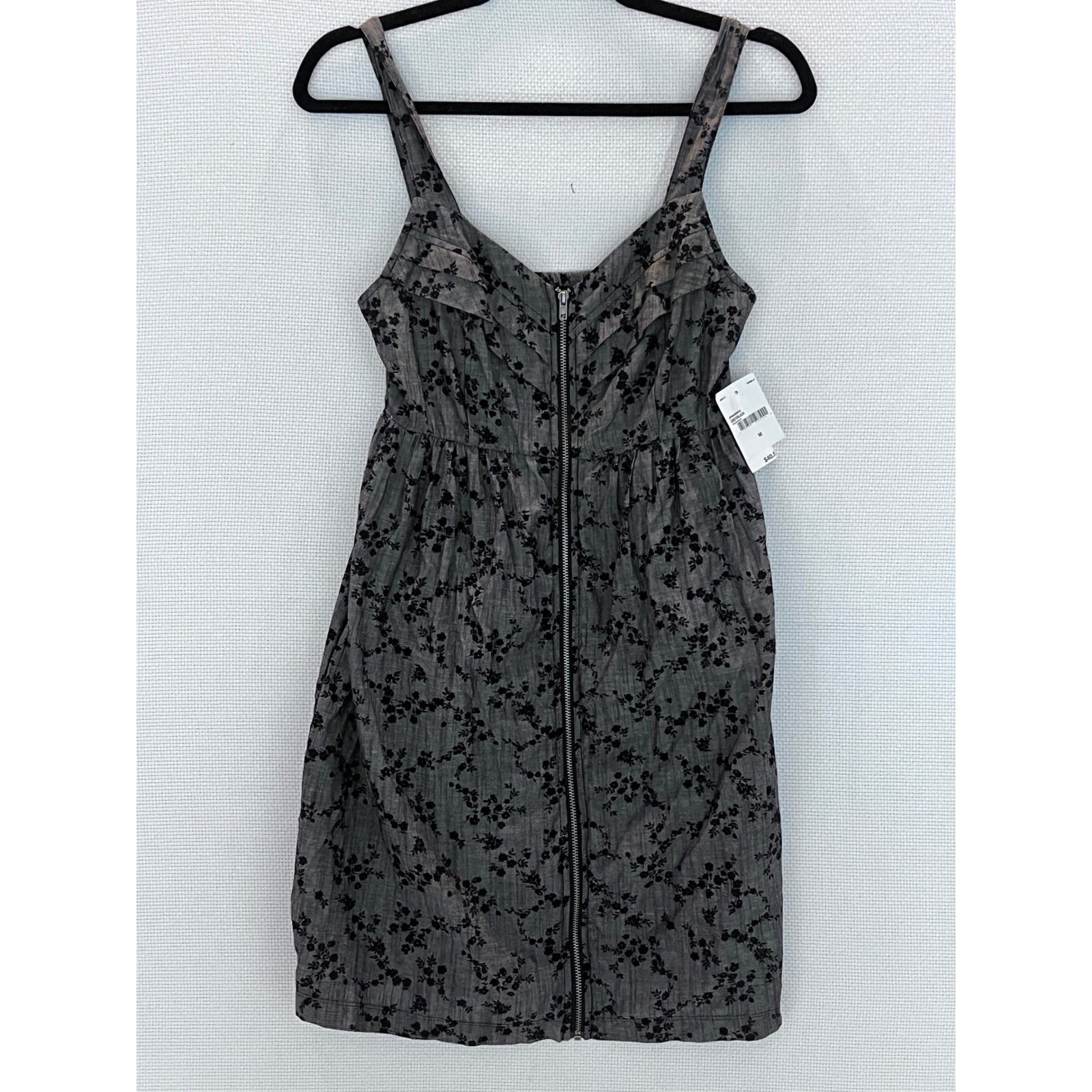 Be Bop Women’s Dress M Gray Black Floral Print Chambray Sleeveless Zip Front NWT