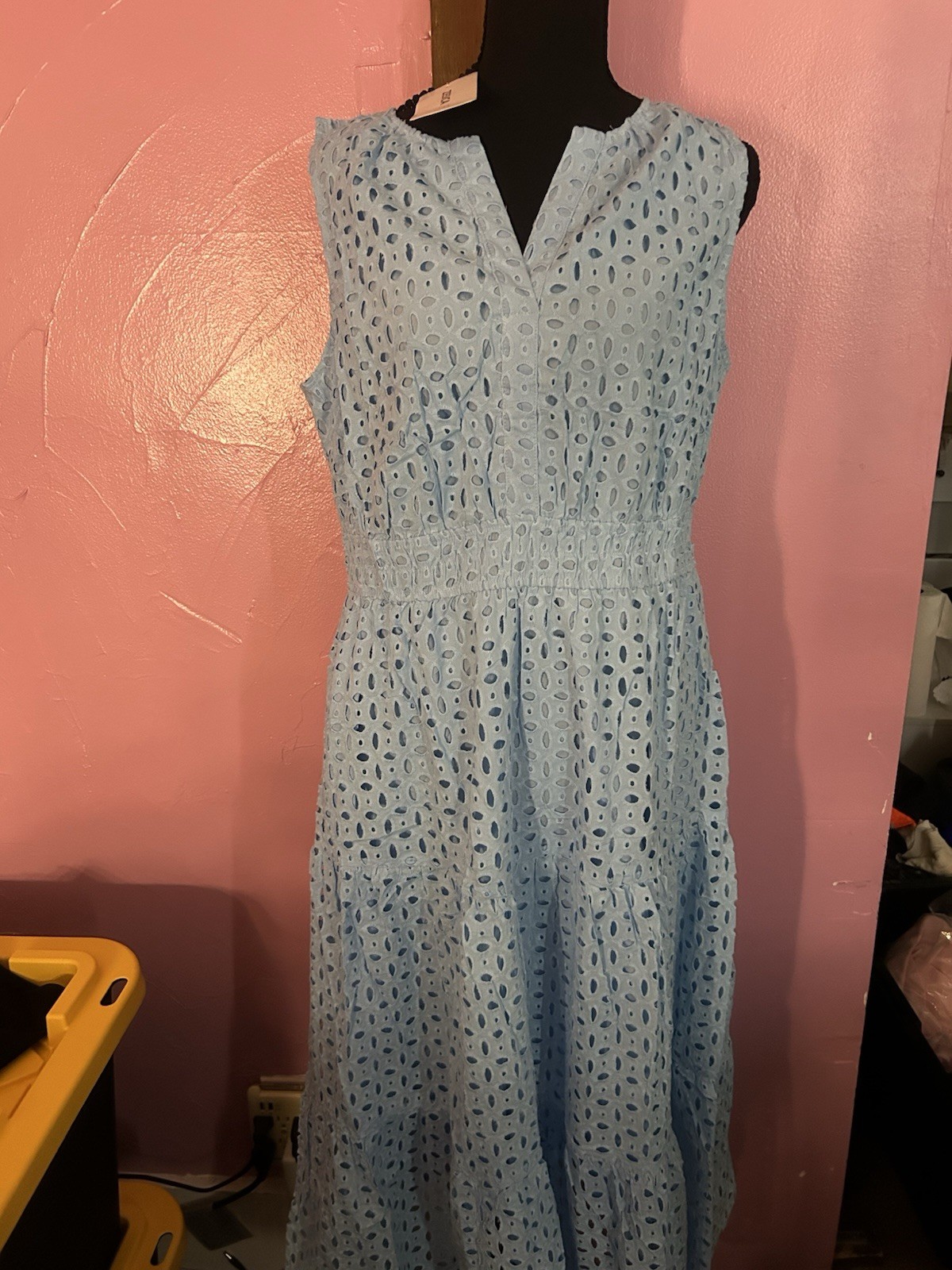ZESICA Blue V-Neck Eyelet A-Line Lined Midi Dress, Sleeveless, L