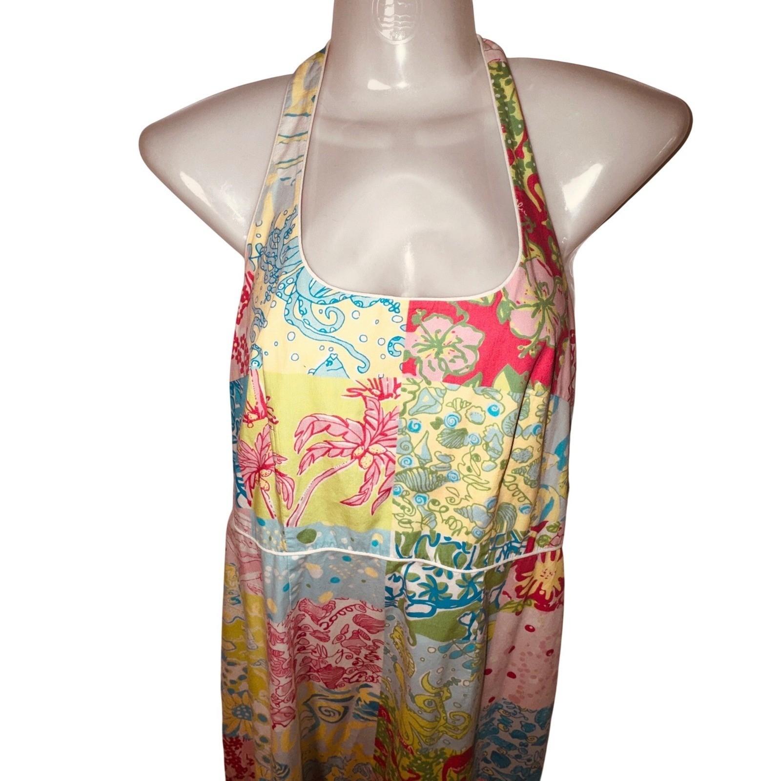 Lilly Pulitzer Patchwork Halter Maxi Dress Pink Blue Yellow Floral Cotton Size 6
