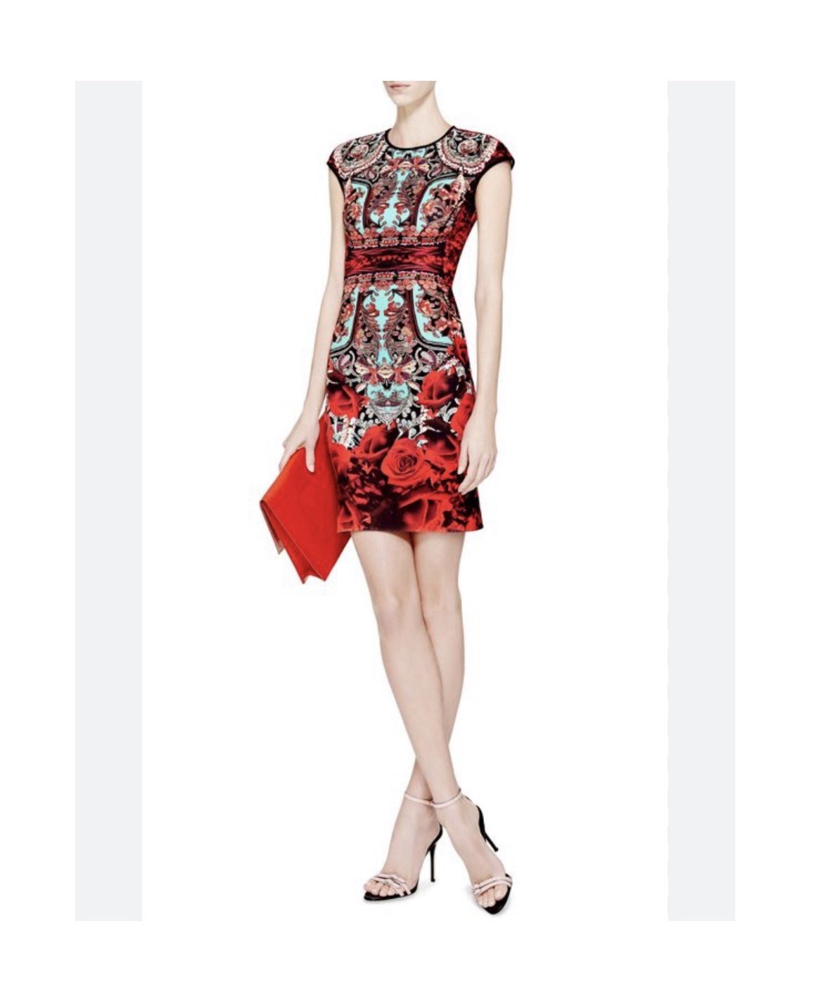 CLOVER CANYON Neoprene Sheath Dress M Red Floral Roses Print Cap Sleeve NWT NEW