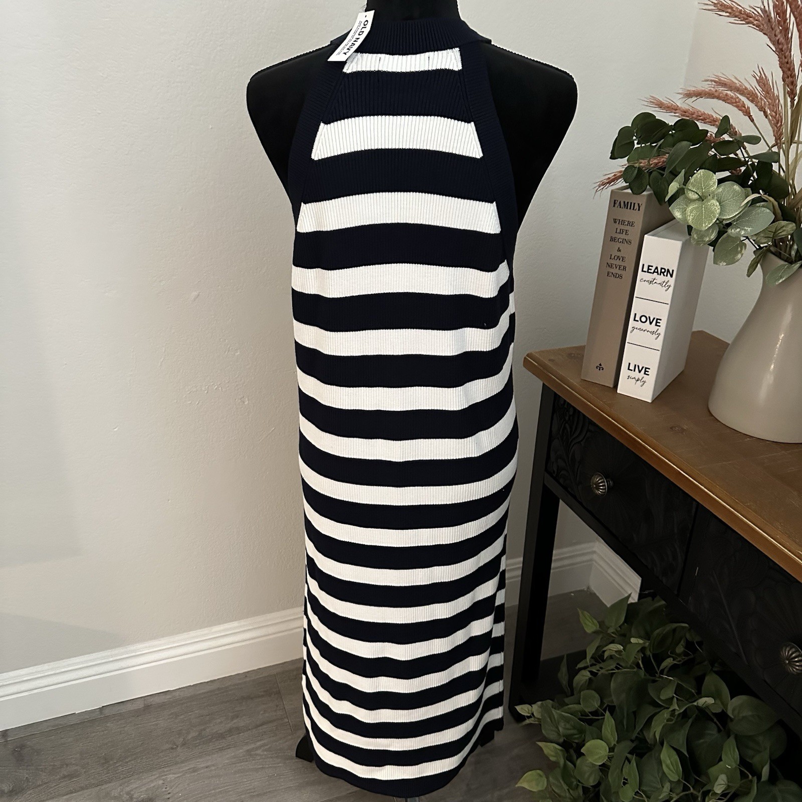 NWT Old Navy Midi Haltered Top, Over-the-head, Navy And White Stripped Dress