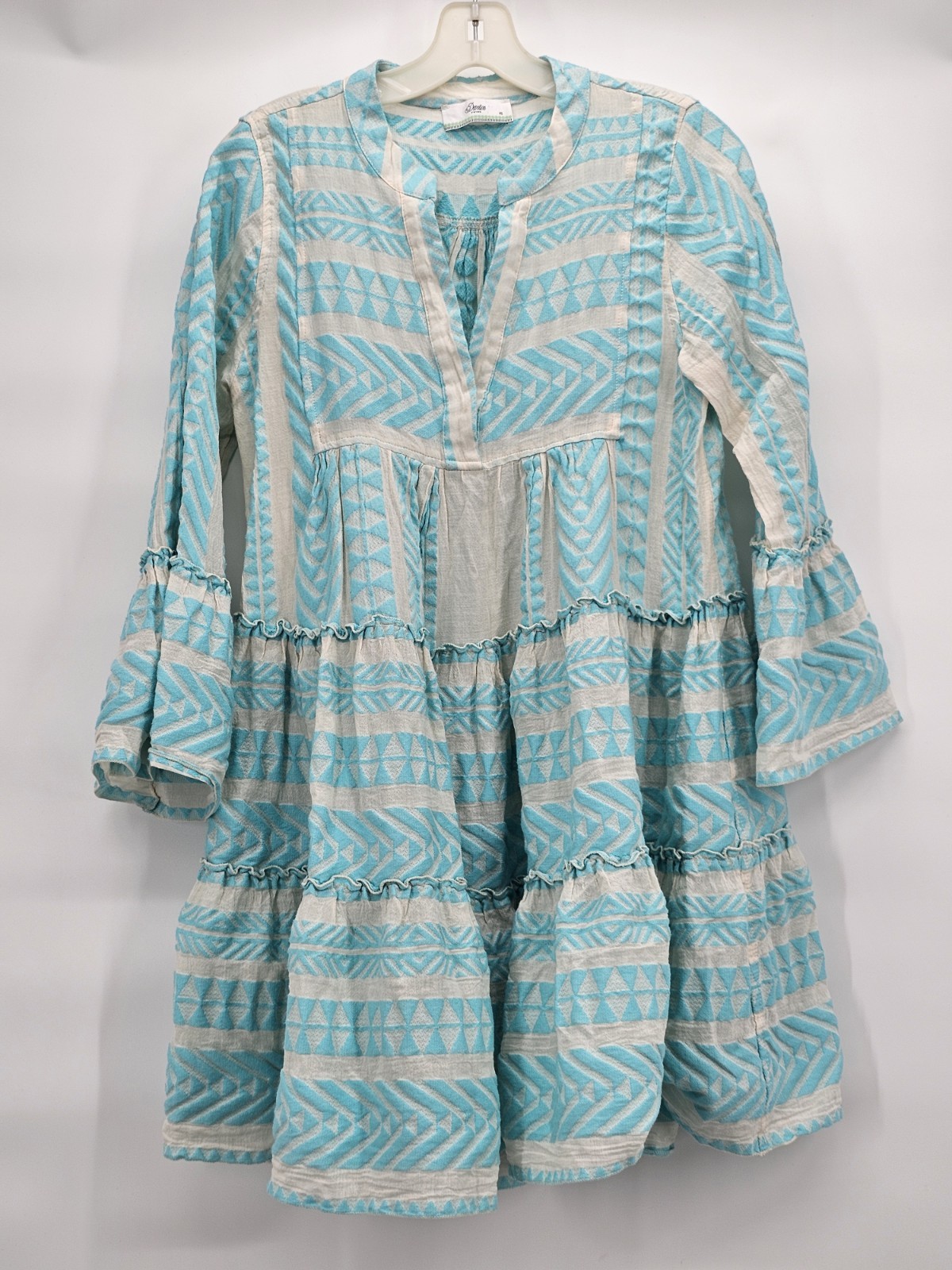 DEVOTION TWINS Ella Tunic Dress Teal Cream Geometric Boho Tiered Women’s Medium