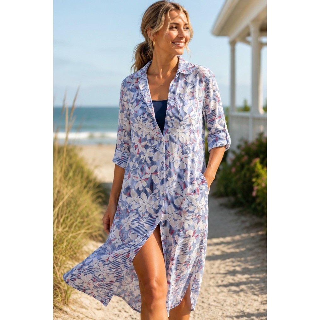 Southern Tide Cabana Cover Up Shirtdress Medium Blue White Floral Stripe Beach