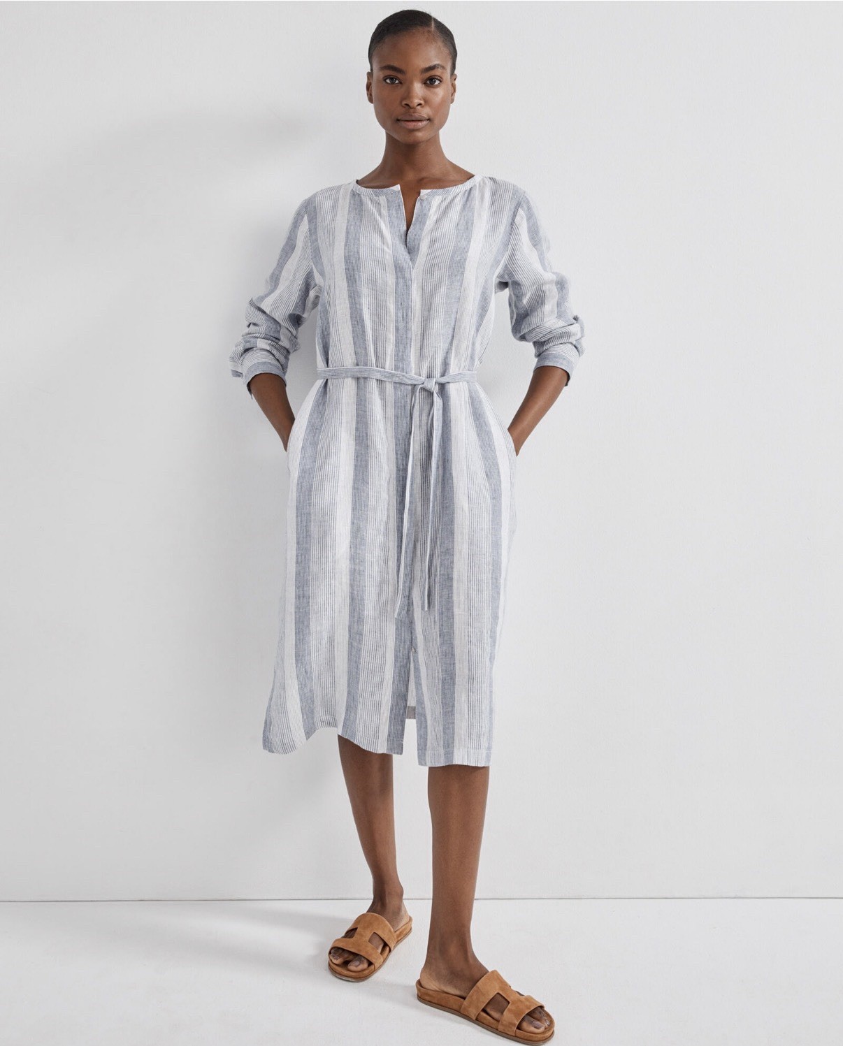 Haven Well Within Women’s L Blue Linen Ombre Stripe Shirt Dress Belted Summer