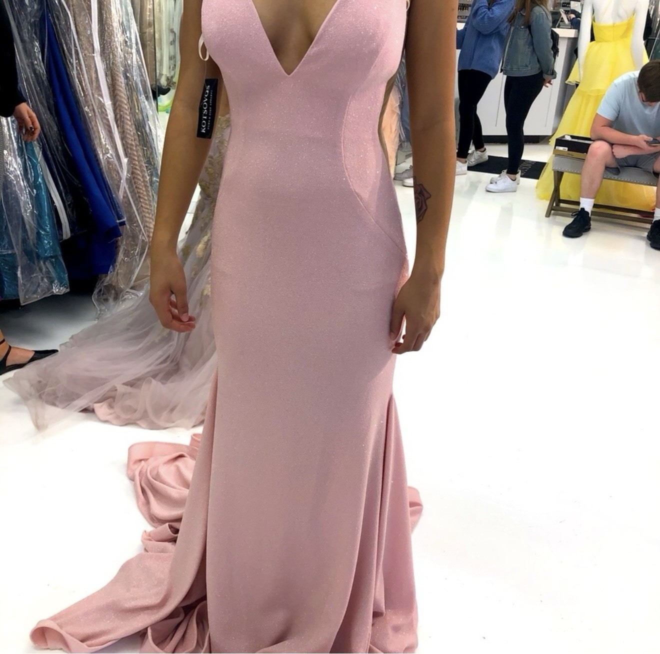 Jovani Pink Glitter Maxi Dress V Neck Sleeveless Zip Satin Size 4