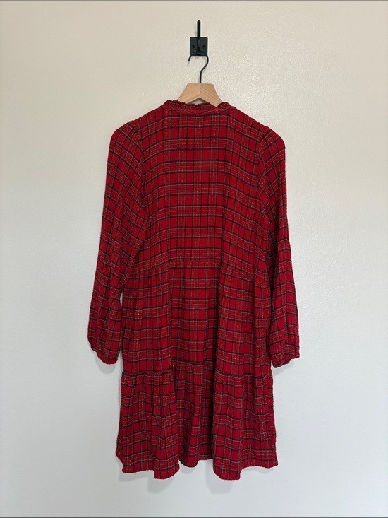 Ann Taylor LOFT Metallic Tartan Plaid Tiered A-Line Dress Holiday Red Small