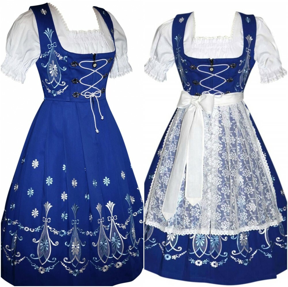 22 XXL 2XL German Dirndl Dress Short Blue EMBROIDERED Oktoberfest Swing Party