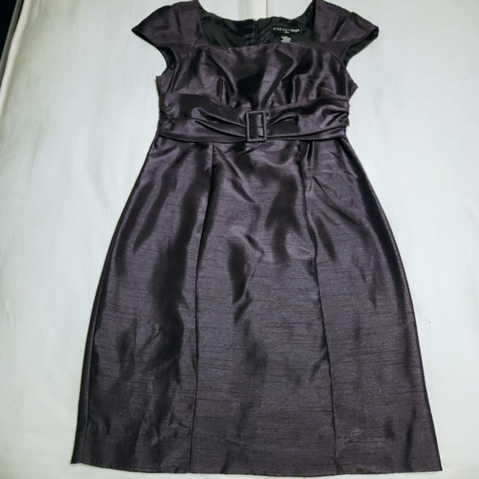 Madison Leigh Petite | Elegant Belted Tailored Cocktail Pencil Dress Grey 4 P