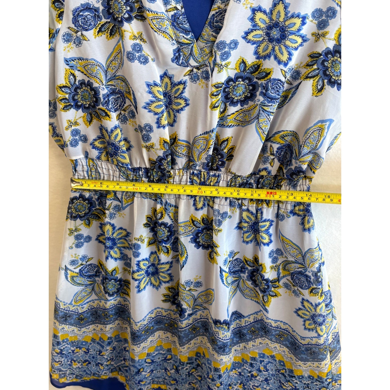 Enfocus Studio Blue Yellow Floral Smocked Waist Roll Tab Sleeve Dress Size 4