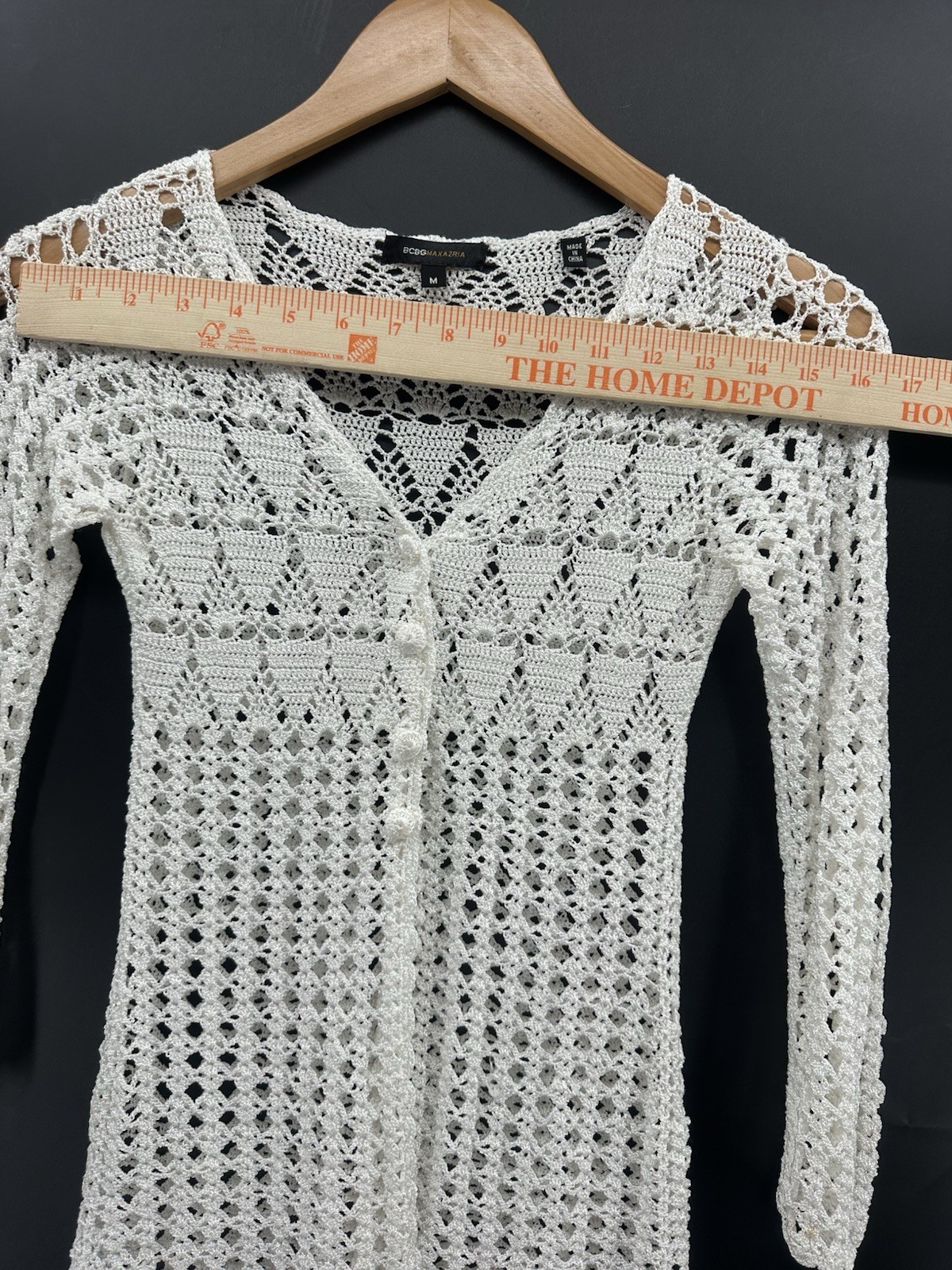BCBG MaxAzria White Crochet Open Knit Boho Sweater S Beach Cardigan HH59