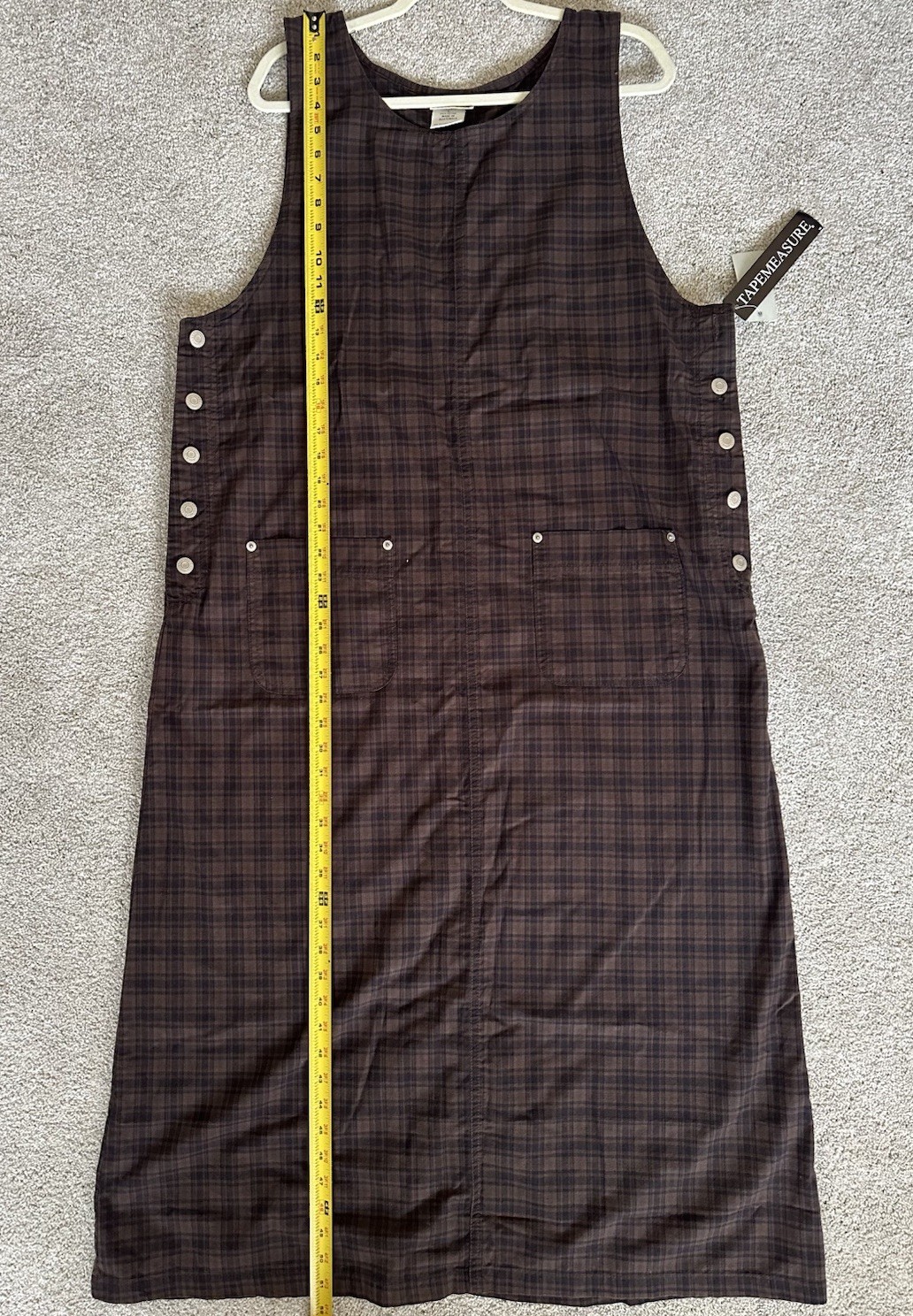 Tapemeasure Brown Plaid Cotton Shift Midi Dress Sleeveless Pockets Size L