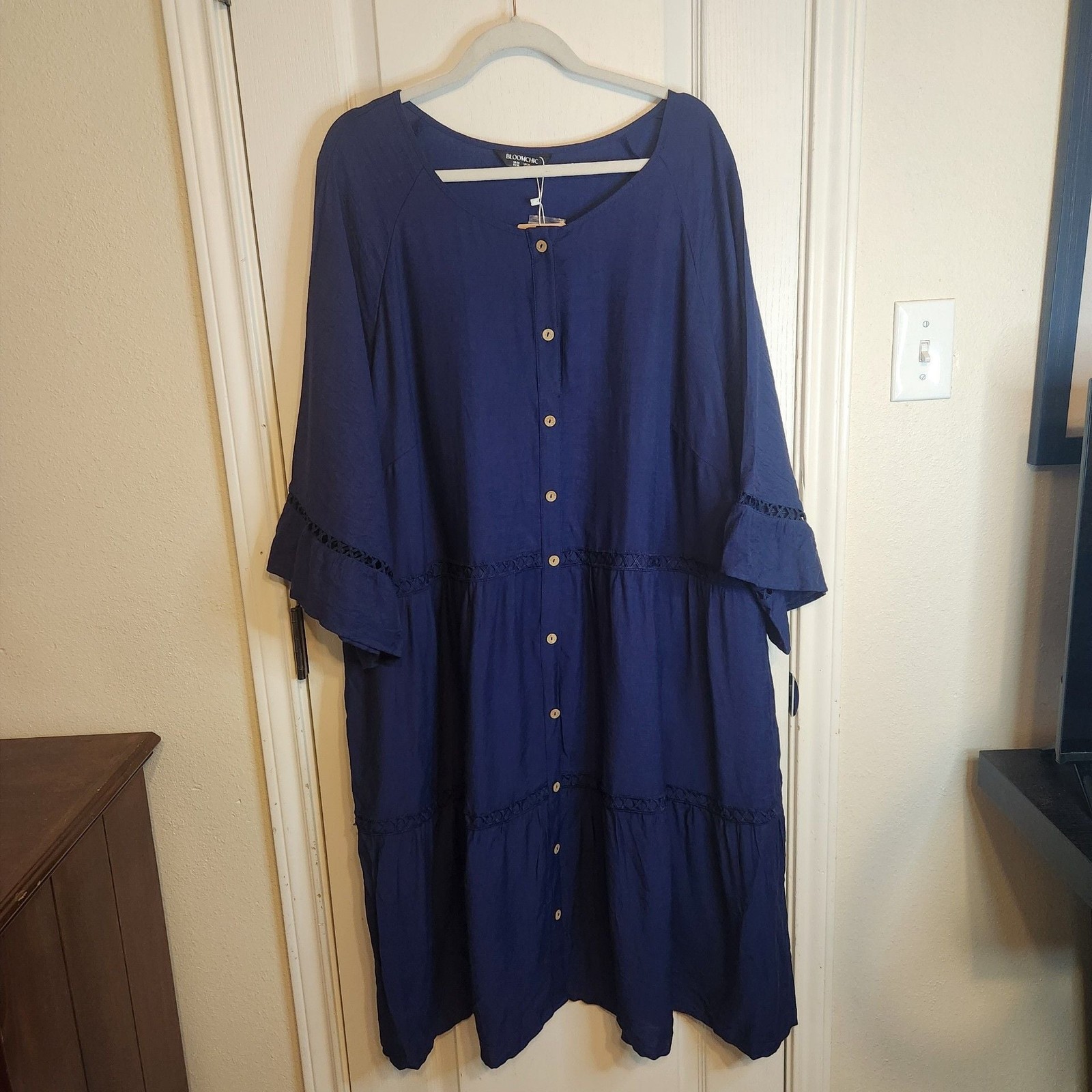 Bloomchic Navy Blue Tiered Button-Front Midi Dress with Eyelet Detail