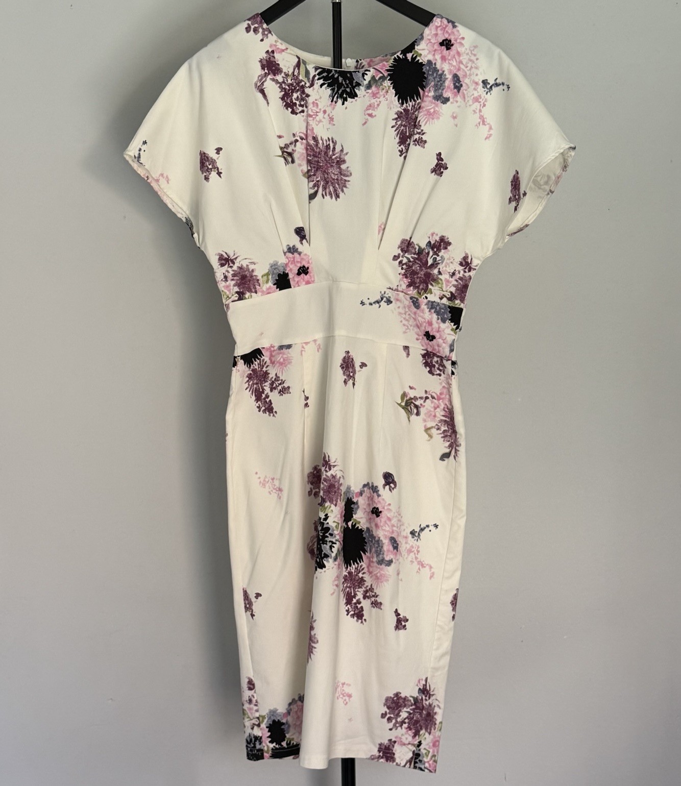 Gown Town Floral Sheath Knee Length Dress White Purple Floral Short Sleeve Large
