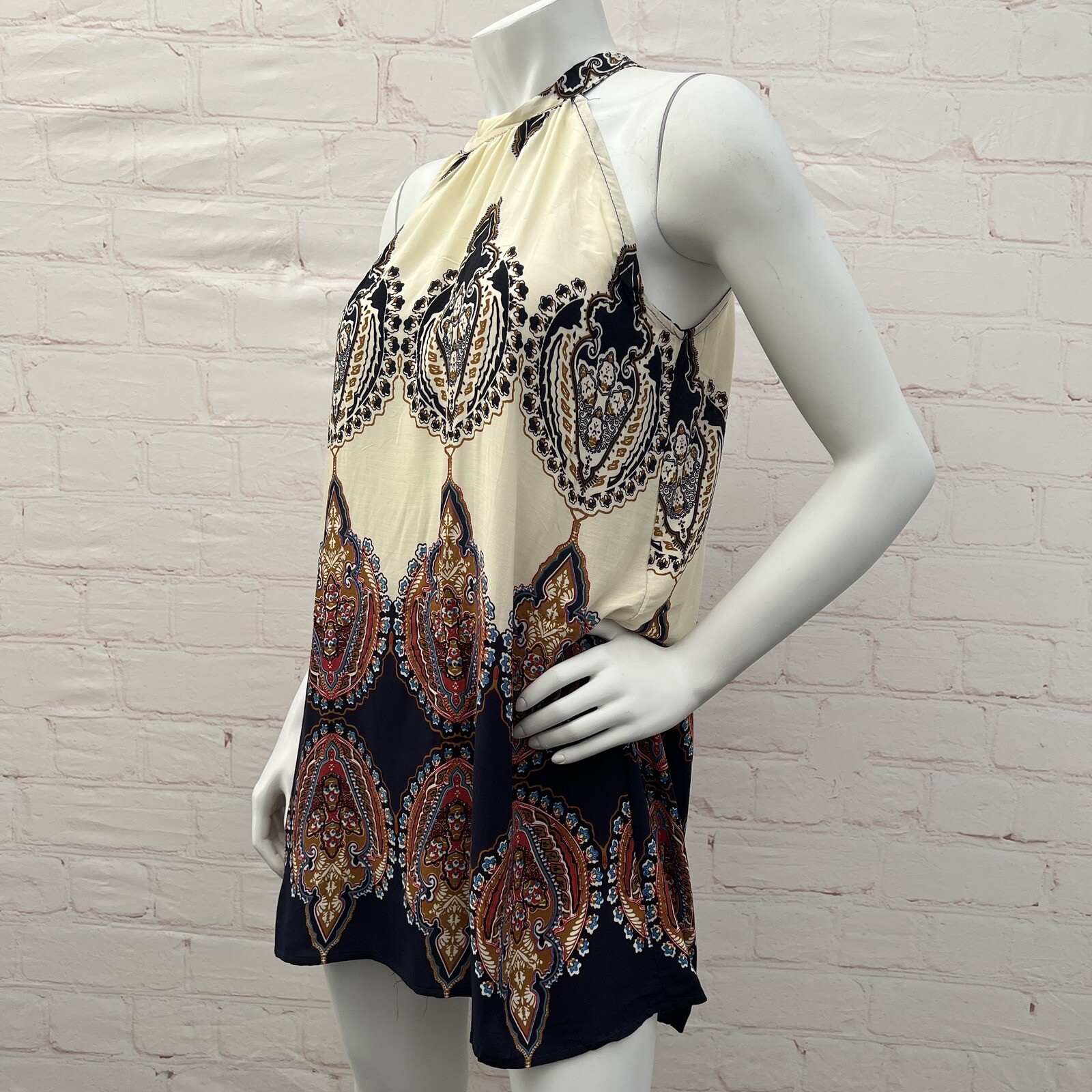 BlueTime Printed Temperament Sleeveless Hanging Neck Press Pleated Dress Beige S