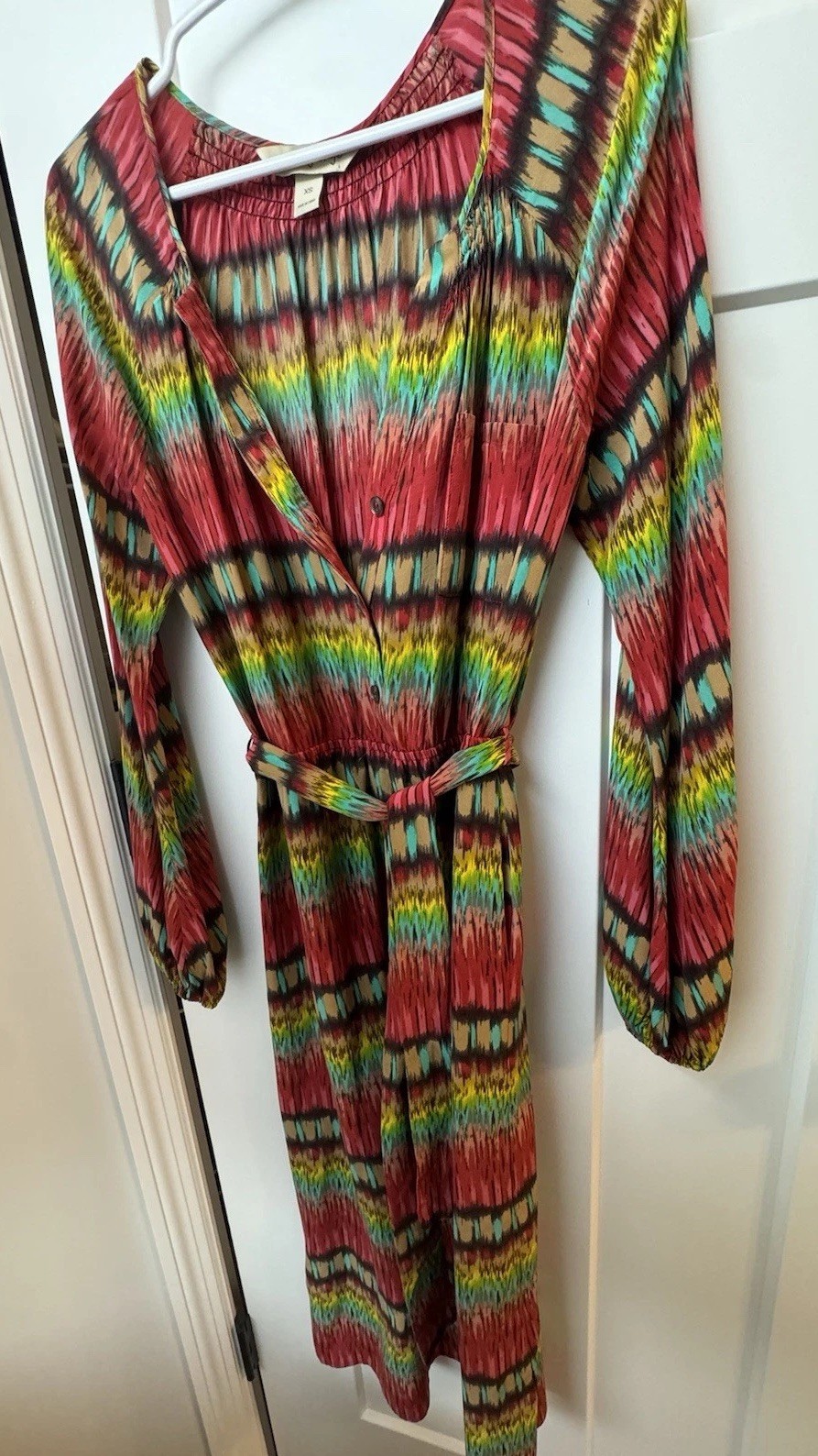 100% SILK Presley Skye Wrap Dress Women’s XS Belted Rainbow Ikat Print Boho