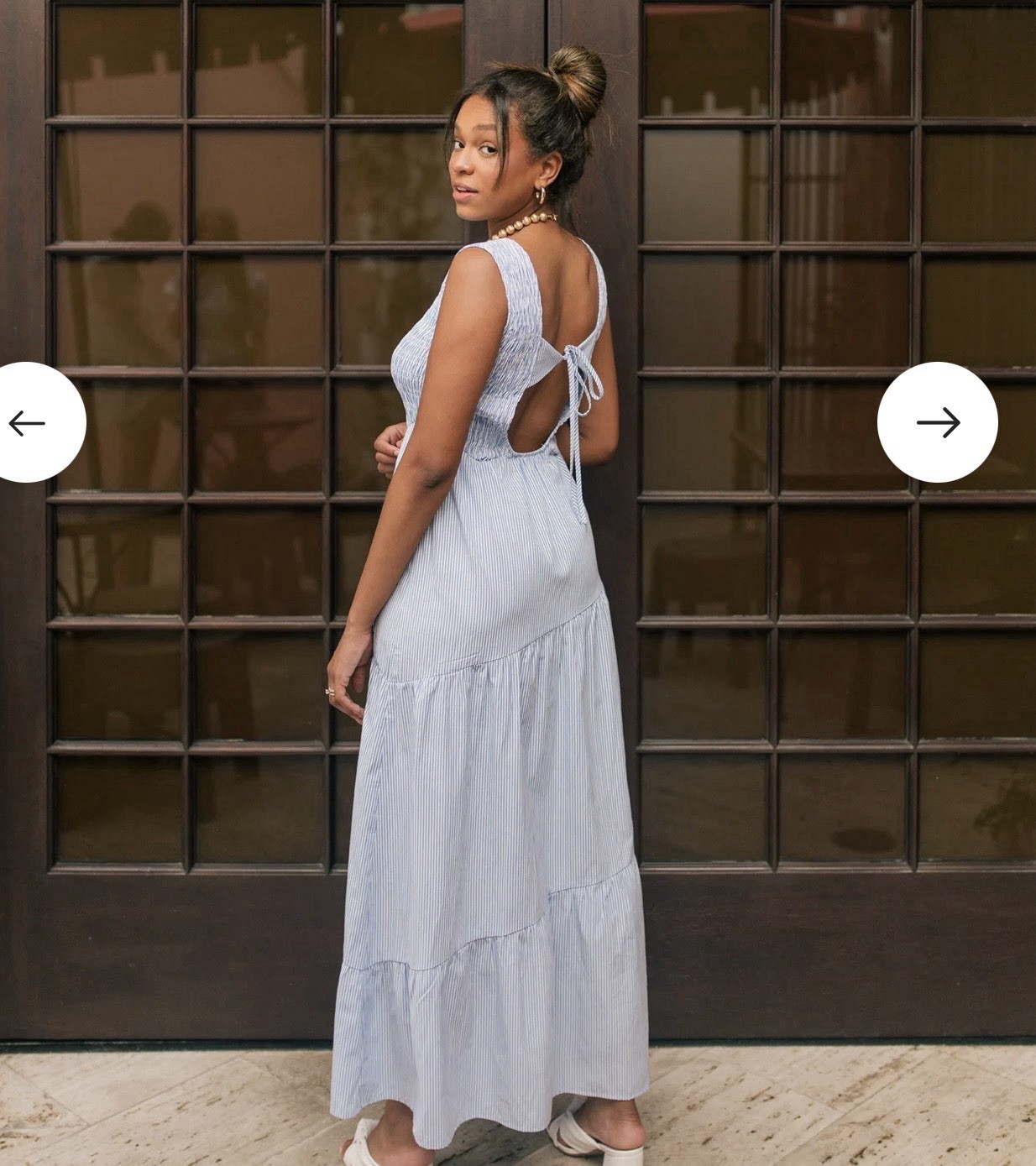Vestique Blue/White Striped Smocked Open Back V-Neck Maxi Sundress S